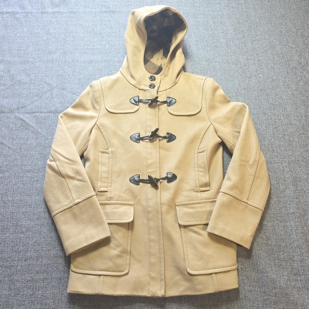 St Johns Bay Full Zip Cashmere Wool Duffle Coat Women's SZ Medium Tan Hooded